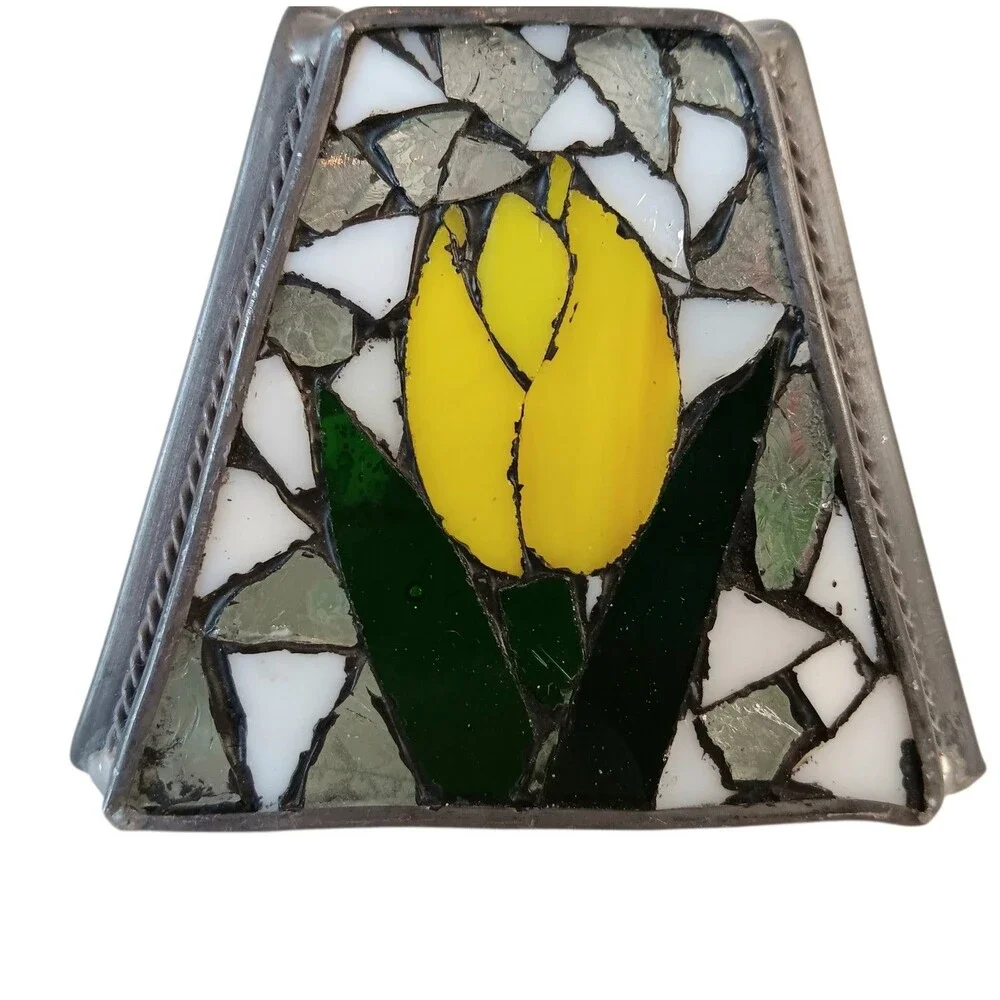 Vintage Stained Glass Lamp Shade Red Pink Yellow Tulips Replacement Small 3.75x3